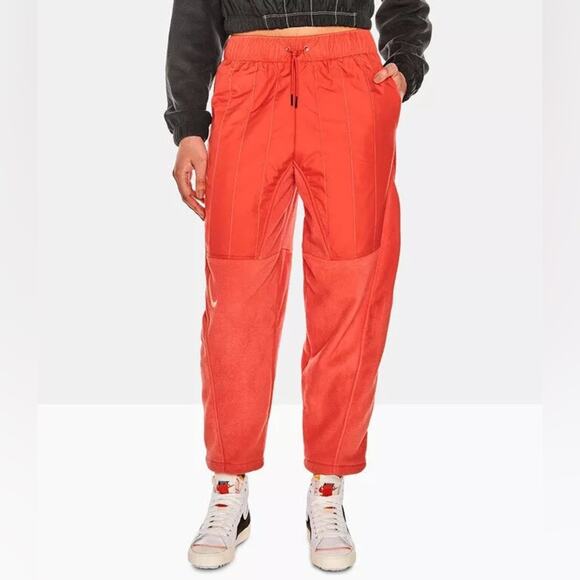 Nike Women’s Swoosh Loose Fit Red Orange Plush Fleece Barrel Leg Pants Size XL - Picture 12 of 12